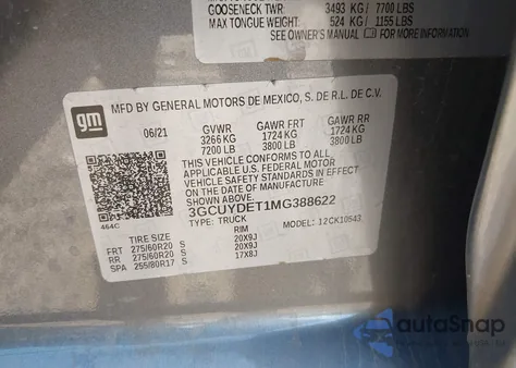 2021 Chevrolet Silverado 1500 4Wd Short Bed Lt from USA, damaged, VIN 3GCUYDET1MG388622